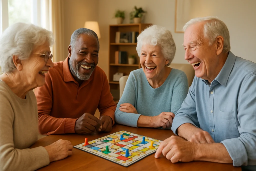 A group of elderly people smiling and interacting during a social activity, highlighting strategies to reduce loneliness and promote social engagement among seniors.