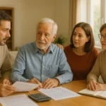 Realistic photo-style 169 — A thoughtful family sitting together at a table with documents and a calculator, discussing the cost of senior care, symbolizing financial planning for elder services