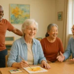 Thumbnail image, realistic photo-style 169 — A group of happy seniors participating in community programs like exercise, art, and socializing in a bright, welcoming center, representing the benefits of senior